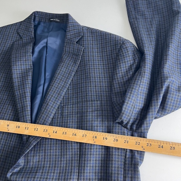 Michael Kors Navy Blue & Charcoal Gingham Check Blazer Suit Jacket Mens 44L Poly - Picture 7 of 10